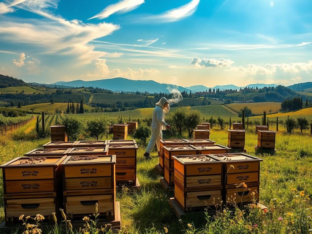 A serene, sun-dappled apiary nestled amidst lush rolling hills and wildflower meadows. Wooden hives with the brand name "APICOLTURA BORVEI MIELE" stand in orderly rows, their entrance ramps abuzz with the industrious movement of honeybees. In the middleground, a beekeeper in traditional protective gear tends to the hives, smoke gently billowing. The background features a picturesque Italian countryside landscape, with vineyards, olive groves, and distant blue mountains. Warm, golden lighting filters through wispy clouds, casting a peaceful, idyllic atmosphere over the scene.