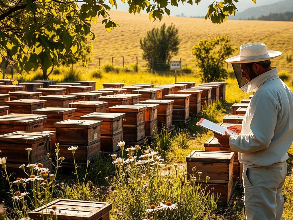 A serene, sun-dappled apiary nestled in a gently rolling Lazio countryside. Rows of traditional wooden beehives stand in orderly formation, their weathered surfaces gleaming softly. Bees flit from wildflower to wildflower, their constant hum punctuating the tranquil scene. In the foreground, a beekeeper in a crisp white suit carefully inspects one of the hives, clipboard in hand. The rich, golden light filters through the leaves, casting a warm glow over the entire tableau. In the distance, a small sign reads "APICOLTURA BORVEI MIELE", signifying the provenance of this idyllic apian haven. A serene, sun-dappled apiary nestled in a gently rolling Lazio countryside. Rows of traditional wooden beehives stand in orderly formation, their weathered surfaces gleaming softly. Bees flit from wildflower to wildflower, their constant hum punctuating the tranquil scene. In the foreground, a beekeeper in a crisp white suit carefully inspects one of the hives, clipboard in hand. The rich, golden light filters through the leaves, casting a warm glow over the entire tableau. In the distance, a small sign reads "APICOLTURA BORVEI MIELE", signifying the provenance of this idyllic apian haven.