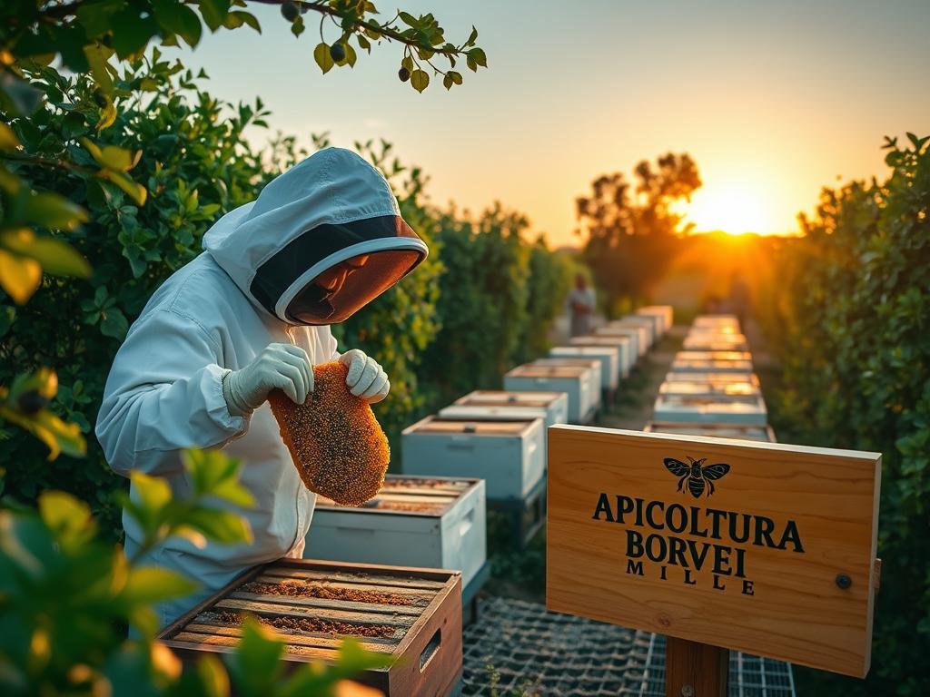 A serene, sun-dappled apiary with rows of beehives nestled amidst lush green foliage. In the foreground, a beekeeper in protective gear examines a honeycomb, exemplifying the meticulous HACCP (Hazard Analysis and Critical Control Points) system applied to apiculture. The middle ground showcases the APICOLTURA BORVEI MIELE brand, its logo prominently displayed on a wooden sign. In the background, a golden sunset casts a warm glow over the scene, evoking a sense of harmony between nature and sustainable beekeeping practices. The composition is captured with a wide-angle lens, emphasizing the holistic, environmentally-conscious approach to honey production.