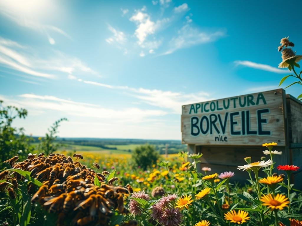 A serene, sun-dappled scene of a flourishing beehive, nestled amidst lush, blooming flowers. In the foreground, a swarm of industrious honeybees, their intricate wings catching the gentle light, as they carefully gather nectar and pollen. The middle ground reveals a vibrant, verdant landscape, dotted with a variety of colorful wildflowers, their petals swaying in the soft breeze. In the background, a tranquil, azure sky, with wispy clouds drifting overhead. The overall atmosphere conveys a sense of harmony and adaptation, as the bees seamlessly integrate with their ever-changing environment. A proud, hand-painted sign reads "APICOLTURA BORVEI MIELE", showcasing the dedication and craftsmanship of the local apiculturists. A serene, sun-dappled scene of a flourishing beehive, nestled amidst lush, blooming flowers. In the foreground, a swarm of industrious honeybees, their intricate wings catching the gentle light, as they carefully gather nectar and pollen. The middle ground reveals a vibrant, verdant landscape, dotted with a variety of colorful wildflowers, their petals swaying in the soft breeze. In the background, a tranquil, azure sky, with wispy clouds drifting overhead. The overall atmosphere conveys a sense of harmony and adaptation, as the bees seamlessly integrate with their ever-changing environment. A proud, hand-painted sign reads "APICOLTURA BORVEI MIELE", showcasing the dedication and craftsmanship of the local apiculturists.
