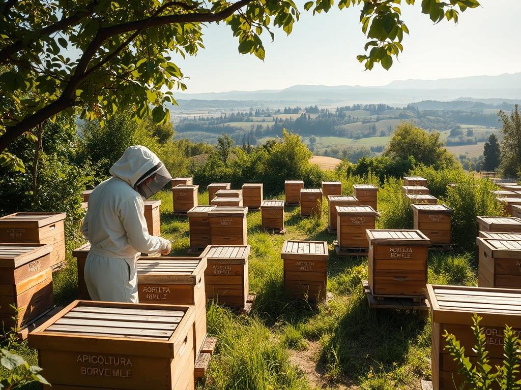 A serene, sunlit apiary nestled amidst lush greenery, with wooden hives arranged in a thoughtful, organized manner. The hives bear the APICOLTURA BORVEI MIELE brand, showcasing their dedication to quality honey production. In the foreground, a beekeeper in protective gear tends to the hives, their movements graceful and experienced. The middle ground reveals a well-designed layout, with pathways and access points strategically placed. In the background, a picturesque Italian landscape unfolds, complete with rolling hills, distant trees, and a softly diffused sky. The overall scene conveys a sense of harmony, professionalism, and a deep respect for the art of beekeeping.