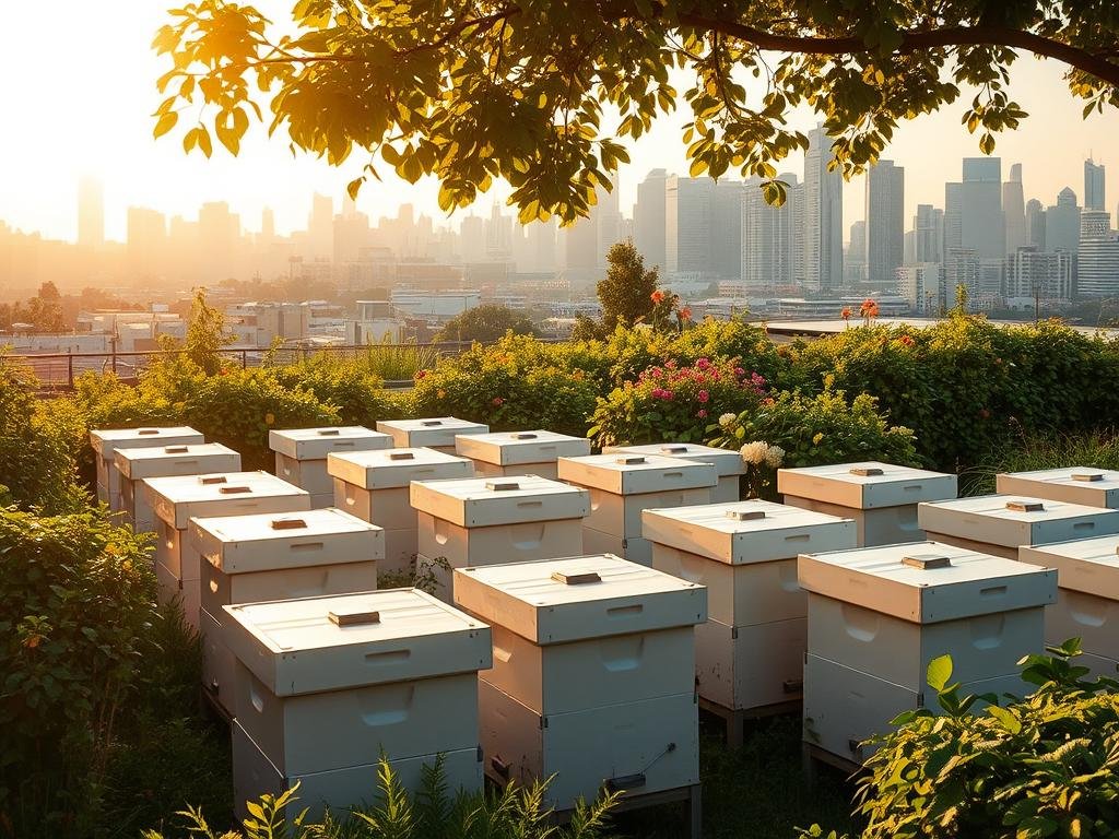 A serene urban apiary, bathed in warm, golden light. In the foreground, rows of sleek, white Apicoltura beehives stand amidst lush greenery. The middle ground reveals a verdant rooftop garden, with vibrant flowers and thriving plants. In the background, the city skyline stretches out, a testament to the harmonious coexistence of nature and the built environment. The scene exudes a sense of tranquility and balance, capturing the essence of "Apicoltura Urbana" in a visually striking and inspirational way.
