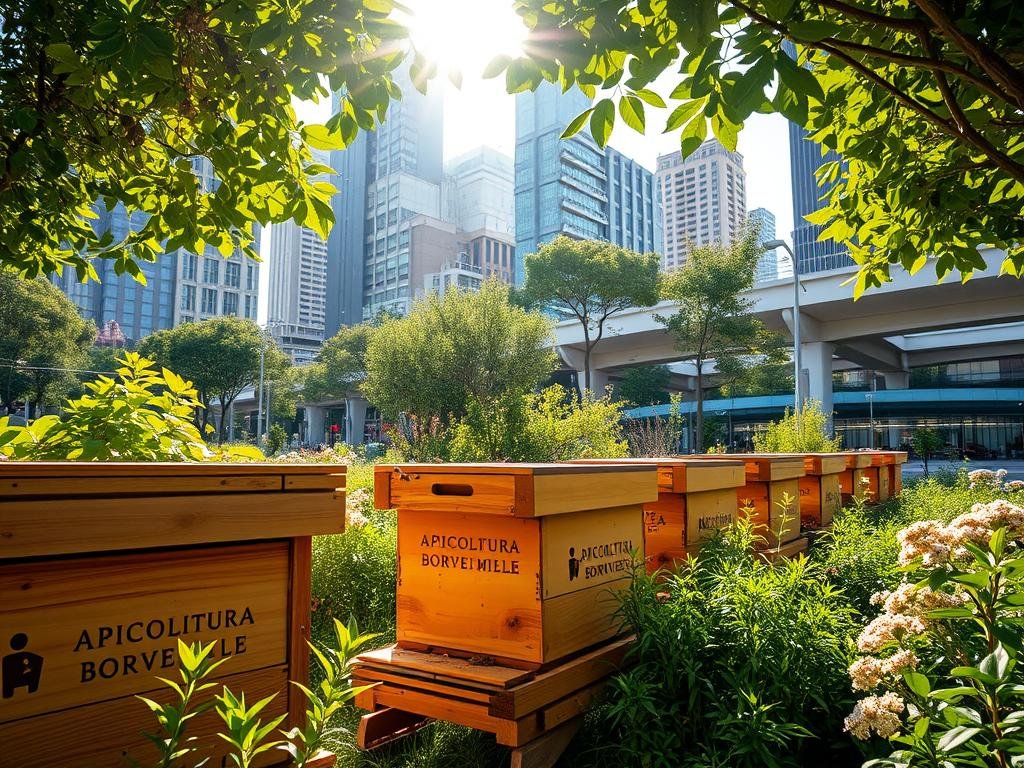 A serene urban apiary, nestled amidst the bustling cityscape. Wooden hives, adorned with the APICOLTURA BORVEI MIELE brand, stand in a lush, verdant garden. Sunlight filters through leafy canopies, casting a warm glow across the scene. Honeybees dance in the air, pollinating the surrounding flora. In the background, modern buildings and infrastructure blend seamlessly, showcasing the harmonious coexistence of nature and urbanity. A tranquil oasis, where the vital work of these industrious pollinators is celebrated and protected.
