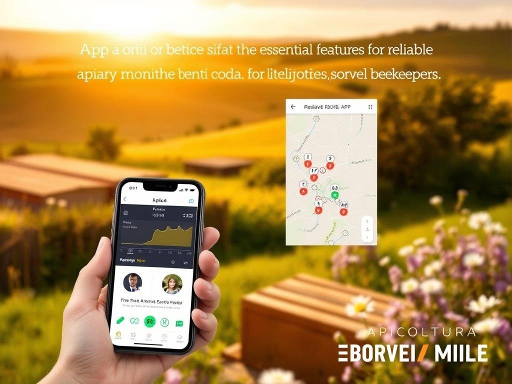 A sleek, intuitive app interface showcasing the essential features for reliable apiary monitoring. In the foreground, a handheld device displays real-time data on hive conditions, including temperature, humidity, and activity levels. The middle ground features a detailed map of the apiary, with color-coded indicators highlighting the health status of each hive. In the background, a serene pastoral landscape with rolling hills and blooming flowers sets the mood, capturing the harmonious relationship between bees and their natural environment. The branding "APICOLTURA BORVEI MIELE" is prominently displayed, reflecting the app's focus on providing reliable monitoring solutions for professional beekeepers.