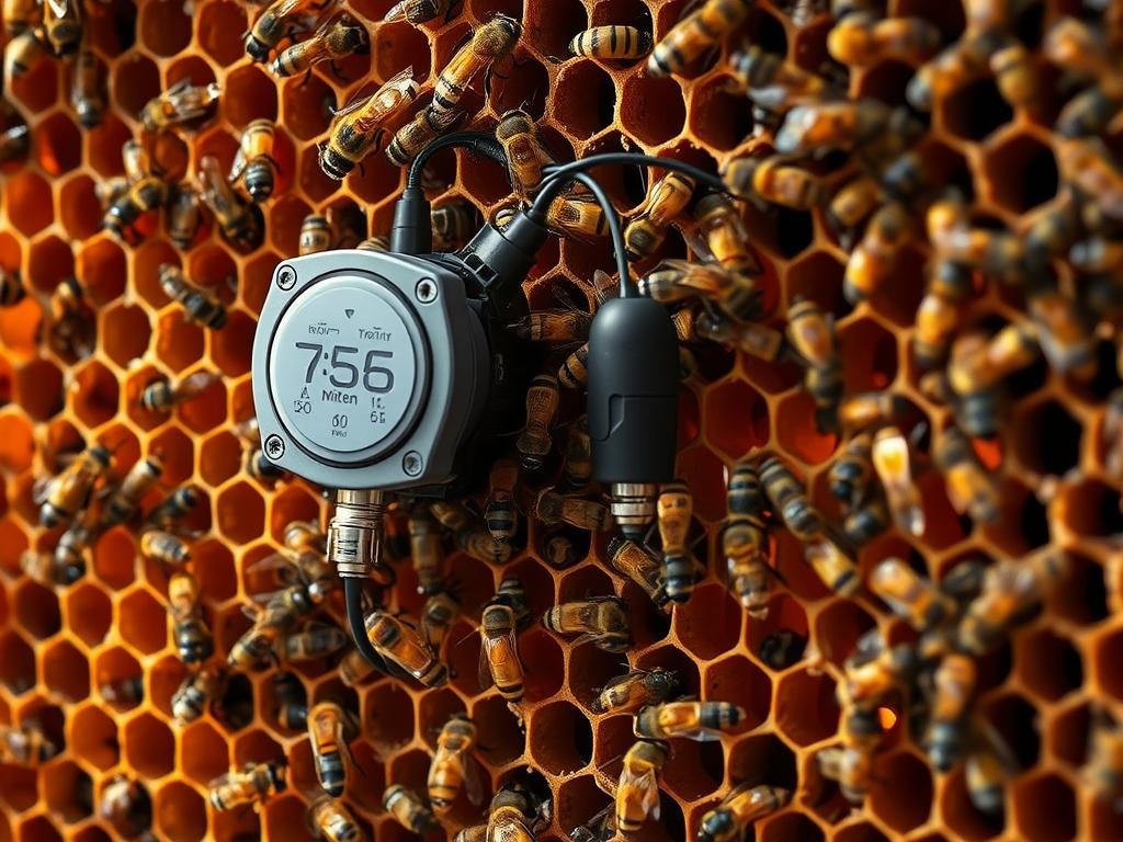 A sophisticated beehive sensor system, delicately mounted amidst the intricate honeycomb structures. Crisp, high-resolution details capture the precise measurements of temperature, humidity, and air flow within the hive. Warm, natural lighting illuminates the intricate workings, highlighting the precision engineering of the APICOLTURA BORVEI MIELE sensors. The overall scene conveys a sense of harmony, with the sensors seamlessly integrated into the hive's organic environment, working in tandem to monitor the colony's health and wellbeing.