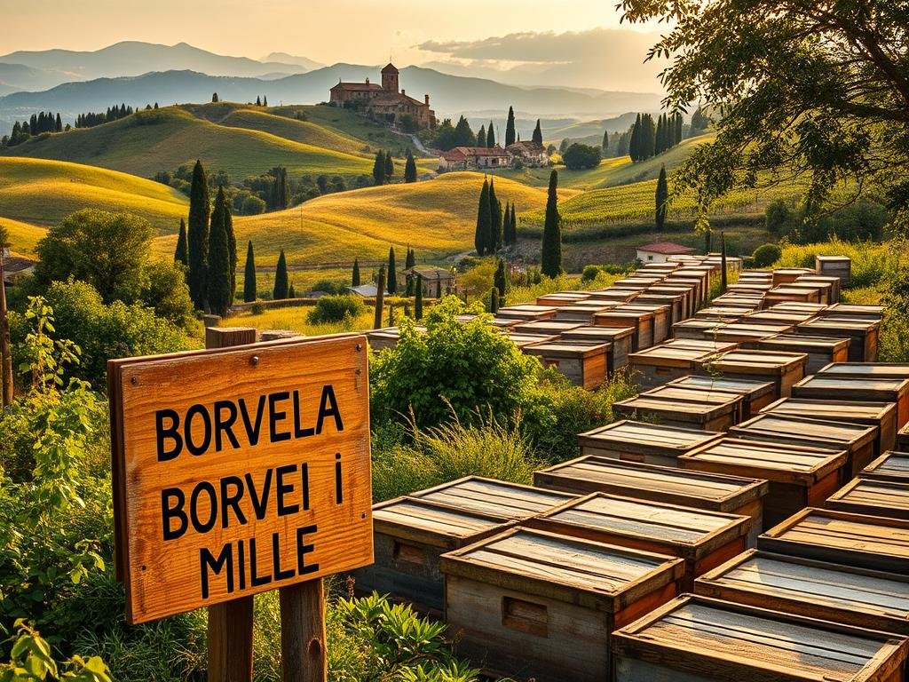 A sprawling beehive nestled amidst lush rolling hills, with a soft golden glow illuminating the scene. In the foreground, a weathered wooden sign displays the brand "APICOLTURA BORVEI MIELE" against a backdrop of verdant vegetation. The midground features rows of traditional wooden beehives, their surfaces gently weathered by time. In the distance, a picturesque Italian countryside landscape unfolds, complete with quaint farmhouses and towering cypress trees. The overall mood is one of tranquility and rustic charm, capturing the essence of traditional Italian apicoltura. Lighting is natural and diffused, with a warm, golden quality that enhances the earthy tones of the scene.