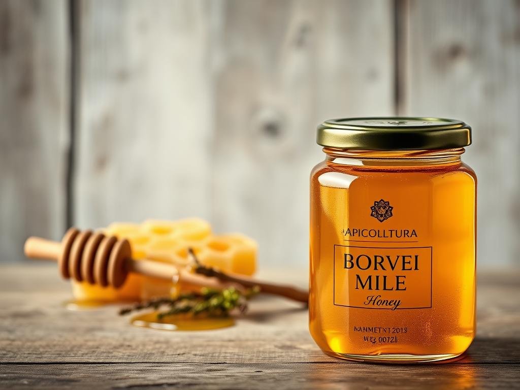 A still life composition showcasing the quality and authenticity of APICOLTURA BORVEI MIELE. In the foreground, a glass jar filled with golden, viscous honey reflects the warm lighting. In the middle ground, a wooden honey dipper and a sprig of fresh honeycomb add texture and depth. The background features a clean, rustic backdrop, perhaps a weathered wooden surface or a simple fabric, conveying a sense of natural, artisanal craftsmanship. The image should exude a sense of warmth, quality, and the care and attention put into producing this authentic Italian honey.