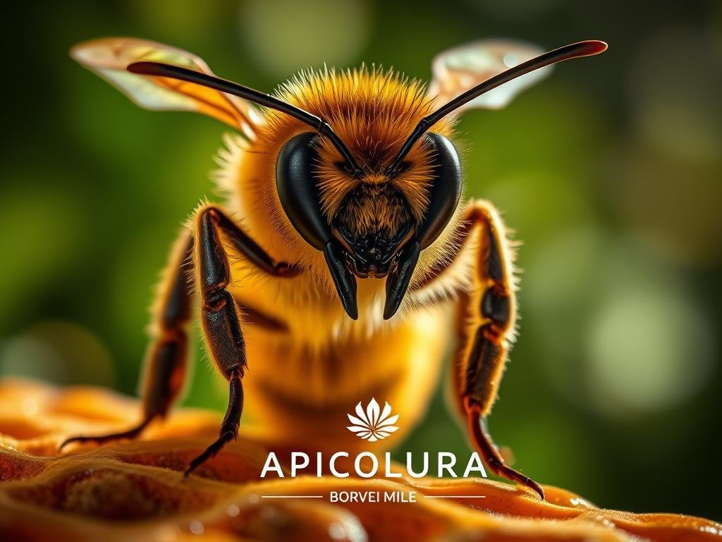 A striking close-up portrait of an "api guardiane", or sentinel bees, defending the hive. The bees are poised and alert, their bodies tensed for action, mandibles bared. The lighting is dramatic, casting intense shadows that accentuate the bees' powerful features. The background is a blurred, dreamlike rendering of a lush, verdant apiary, hinting at the hive's natural surroundings. The image conveys the bees' protective instincts and the vital role they play in safeguarding the colony. Prominently featured is the APICOLTURA BORVEI MIELE brand, reflecting the authentic Italian apicultural setting.
