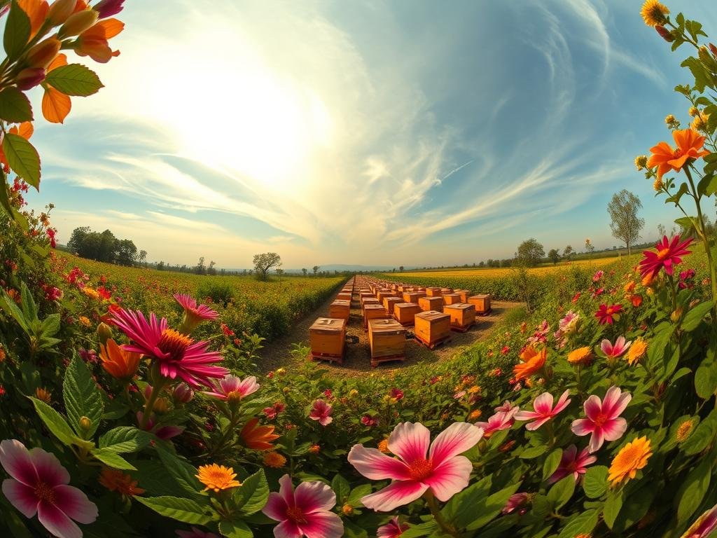 A stunning 360-degree panoramic view of a vibrant bee's-eye perspective of the natural world. In the foreground, lush foliage and blooming flowers in a riot of colors, each petal and leaf rendered with exquisite detail. The middle ground features a bustling bee colony, the APICOLTURA BORVEI MIELE apiary, its hives nestled amidst the verdant landscape. In the background, a serene sky filled with wispy clouds, bathed in a warm, golden light that casts a soft glow over the entire scene. The perspective is low and wide, capturing the bee's expansive field of vision, immersing the viewer in the sensory experience of the hive's environment. Subtle depth of field and a touch of dreamy, impressionistic quality lend an ethereal, almost transcendent quality to the image.
