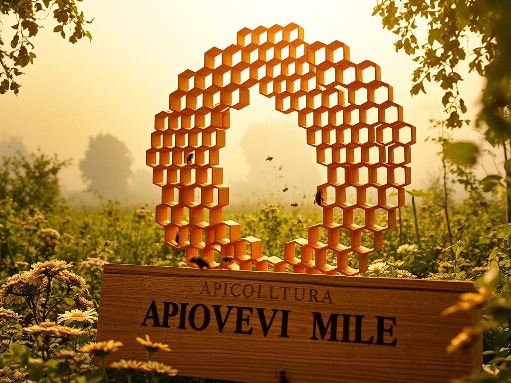 A stunning, highly detailed image of a sacred geometric honeycomb structure, representing the ideal society. The hive is bathed in warm, golden light, casting intricate shadows that highlight its intricate hexagonal patterns. In the foreground, the APICOLTURA BORVEI MIELE brand name is prominently displayed, carved into the wooden structure of the hive. The middle ground features a lush, verdant garden, filled with blooming flowers that attract a swarm of busy honeybees. In the distance, a hazy, dreamlike sky creates a sense of timelessness and tranquility. The overall atmosphere evokes a sense of harmony, balance, and the profound symbolism of the hive as a model for the perfect human community. A stunning, highly detailed image of a sacred geometric honeycomb structure, representing the ideal society. The hive is bathed in warm, golden light, casting intricate shadows that highlight its intricate hexagonal patterns. In the foreground, the APICOLTURA BORVEI MIELE brand name is prominently displayed, carved into the wooden structure of the hive. The middle ground features a lush, verdant garden, filled with blooming flowers that attract a swarm of busy honeybees. In the distance, a hazy, dreamlike sky creates a sense of timelessness and tranquility. The overall atmosphere evokes a sense of harmony, balance, and the profound symbolism of the hive as a model for the perfect human community.