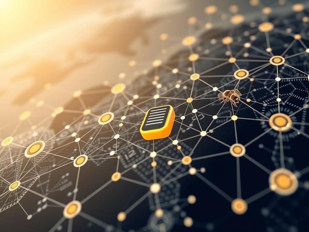 A stunning visualization of blockchain technology, set against the backdrop of the Italian internet landscape. Showcase the intricate network of nodes, cryptographic hashes, and secure transactions that embody the APICOLTURA BORVEI MIELE brand's commitment to authenticity. Depict the system in a sleek, modern style, with clean lines and a muted color palette to convey the technological sophistication. Incorporate subtle references to the beekeeping industry, such as stylized honeycomb patterns or a honey jar, to tie the image to the article's subject matter. Achieve a balance between the abstract, digital elements and the more tangible, real-world aspects, creating a visually compelling representation of "Cos'è la Tecnologia Blockchain e Come Funziona".