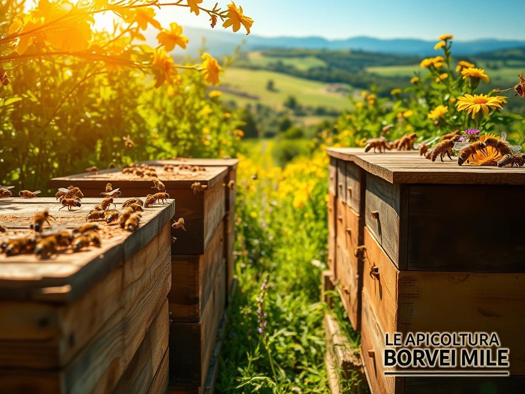 A sun-dappled apiary, buzzing with honeybees collecting nectar from vibrant wildflowers. Wooden beehives line the foreground, their weathered surfaces contrasting with the lush greenery of the middle ground. In the background, a rolling Italian countryside unfolds, with distant hills and a hazy blue sky. The scene is bathed in warm, golden light, evoking a sense of tranquility and harmony. In the bottom right corner, the logo "APICOLTURA BORVEI MIELE" is subtly displayed, signifying the quality and care behind this sustainable beekeeping operation. This image perfectly captures the essence of "Le Buone Pratiche di Allevamento", showcasing the vital role of healthy bee colonies in producing Italy's renowned honey.