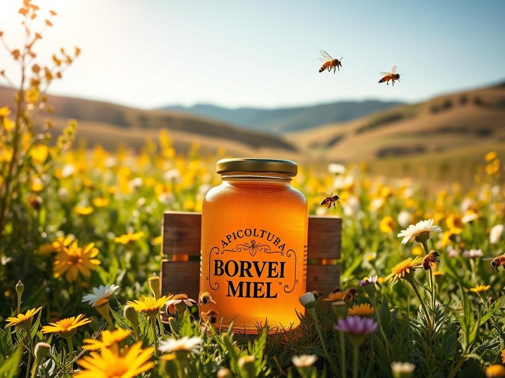 A sun-dappled field of blooming wildflowers, with a wooden crate of golden honeycomb at the center. In the foreground, a glass jar emblazoned with the brand "APICOLTURA BORVEI MIELE" stands, its rich amber contents sparkling in the warm light. Bees flit lazily around the crate, their buzzing a gentle soundtrack to the tranquil scene. In the background, rolling hills and a clear blue sky create a serene, pastoral atmosphere. The image conveys the natural, authentic essence of honey production, reflecting the benefits and transparency of the supply chain. A sun-dappled field of blooming wildflowers, with a wooden crate of golden honeycomb at the center. In the foreground, a glass jar emblazoned with the brand "APICOLTURA BORVEI MIELE" stands, its rich amber contents sparkling in the warm light. Bees flit lazily around the crate, their buzzing a gentle soundtrack to the tranquil scene. In the background, rolling hills and a clear blue sky create a serene, pastoral atmosphere. The image conveys the natural, authentic essence of honey production, reflecting the benefits and transparency of the supply chain.