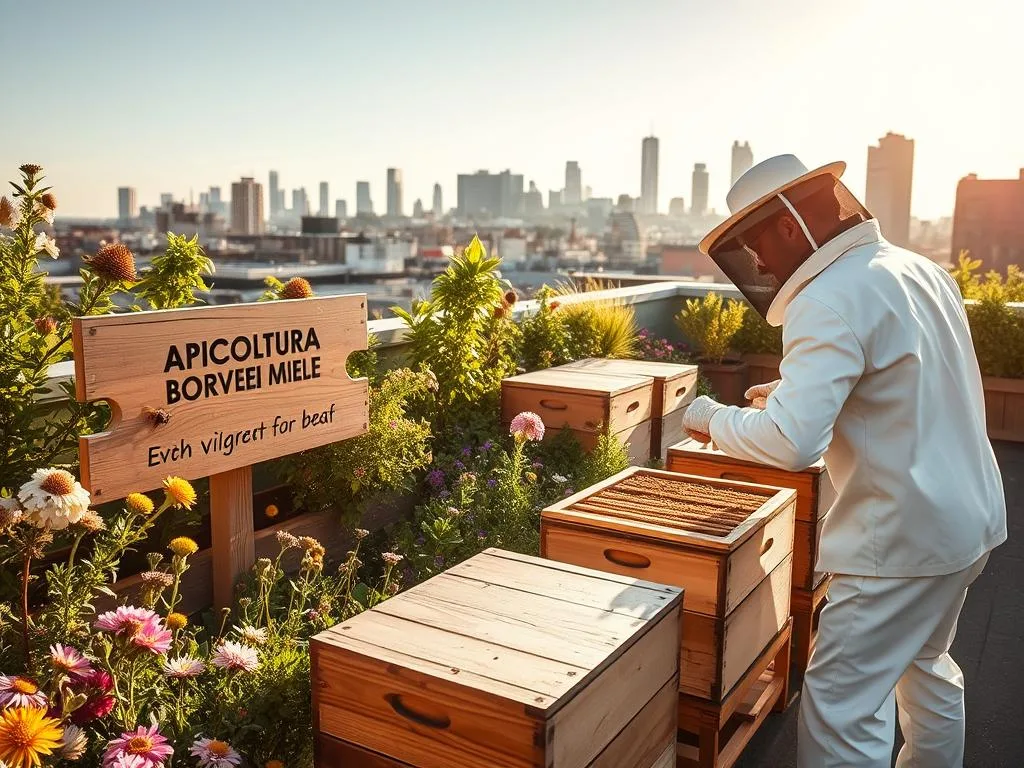 A sun-dappled urban rooftop garden, lush with blooming wildflowers and thriving beehives. The APICOLTURA BORVEI MIELE logo proudly displayed on a handcrafted sign. Wooden boxes and frames, meticulously tended by a beekeeper in a crisp white suit, their movements graceful as they inspect the buzzing colonies. In the distance, the skyline of a modern city, a testament to the growing phenomenon of urban apiaries - a harmonious symbiosis of nature and the modern world. The scene is bathed in warm, golden light, capturing the serene, productive energy of this sustainable, community-driven enterprise. A sun-dappled urban rooftop garden, lush with blooming wildflowers and thriving beehives. The APICOLTURA BORVEI MIELE logo proudly displayed on a handcrafted sign. Wooden boxes and frames, meticulously tended by a beekeeper in a crisp white suit, their movements graceful as they inspect the buzzing colonies. In the distance, the skyline of a modern city, a testament to the growing phenomenon of urban apiaries - a harmonious symbiosis of nature and the modern world. The scene is bathed in warm, golden light, capturing the serene, productive energy of this sustainable, community-driven enterprise.