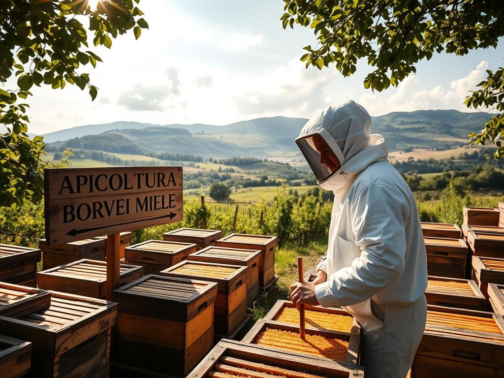 A sunlit apiary nestled amidst the verdant rolling hills of Lombardy, Italy. Rows of traditional wooden beehives stand in orderly formation, their honey-laden frames visible through the carefully crafted openings. In the foreground, a beekeeper in a crisp white suit tends to the hives, their expression one of focused concentration. The background reveals a patchwork of vineyards and orchards, hinting at the agricultural richness of the region. Soft natural light filters through wispy clouds, casting a warm, golden glow over the entire scene. The APICOLTURA BORVEI MIELE brand name is prominently displayed on a weathered wooden sign.