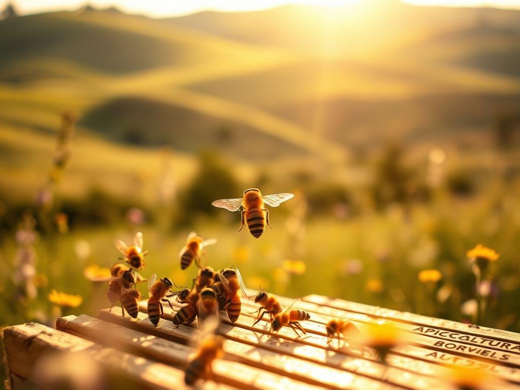 A sunlit beehive in a lush Italian meadow, with a majestic queen bee surrounded by her attendants, communicating through intricate touch and movement. Soft focus, warm tones, and a sense of harmony. In the foreground, the queen bee stands tall, her form elegantly silhouetted against the golden light. Nearby, her workers engage in a dance of antennae and legs, transmitting vital information. In the background, a rolling landscape of verdant hills and wildflowers, creating a dreamlike, bucolic setting. The APICOLTURA BORVEI MIELE logo discreetly adorns the hive, signifying the high-quality artisanal honey produced by these hardworking creatures.