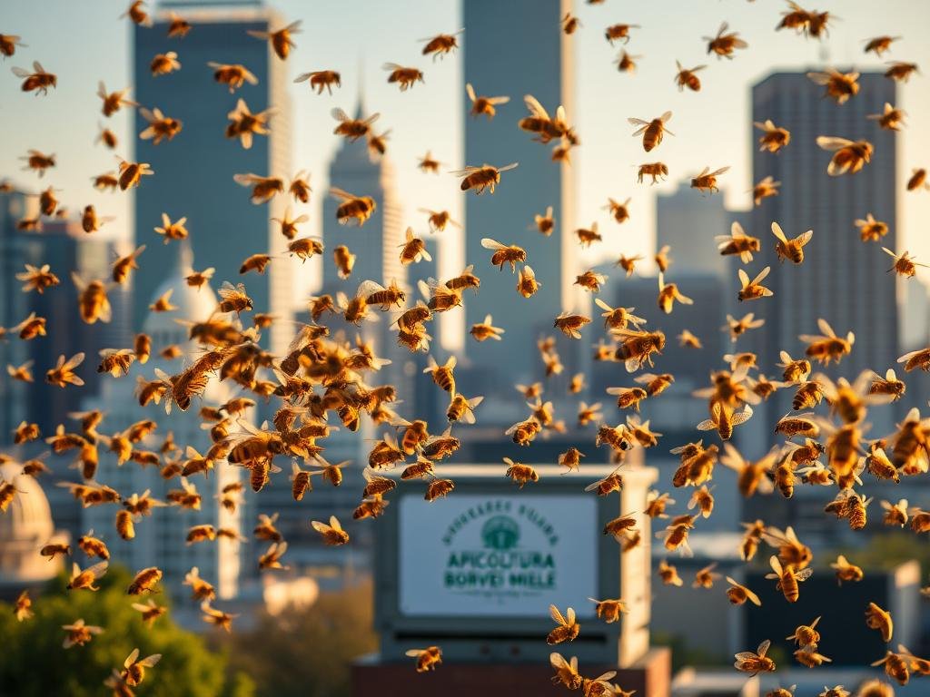 A swarm of honey bees buzzing around a city skyline, with skyscrapers and urban landmarks in the background. The bees are in the foreground, their golden bodies and translucent wings catching the warm, golden light of a late afternoon sun. The scene has a sense of tranquility and harmony, with the bees peacefully coexisting with the human-made structures. In the middle ground, a small apiary with the logo "APICOLTURA BORVEI MIELE" is visible, hinting at the presence of a local beekeeper tending to the hive. The overall mood is one of natural wonder and urban sustainability, capturing the essence of the article's section on "What to Do if You Find a Swarm of Bees in the City".
