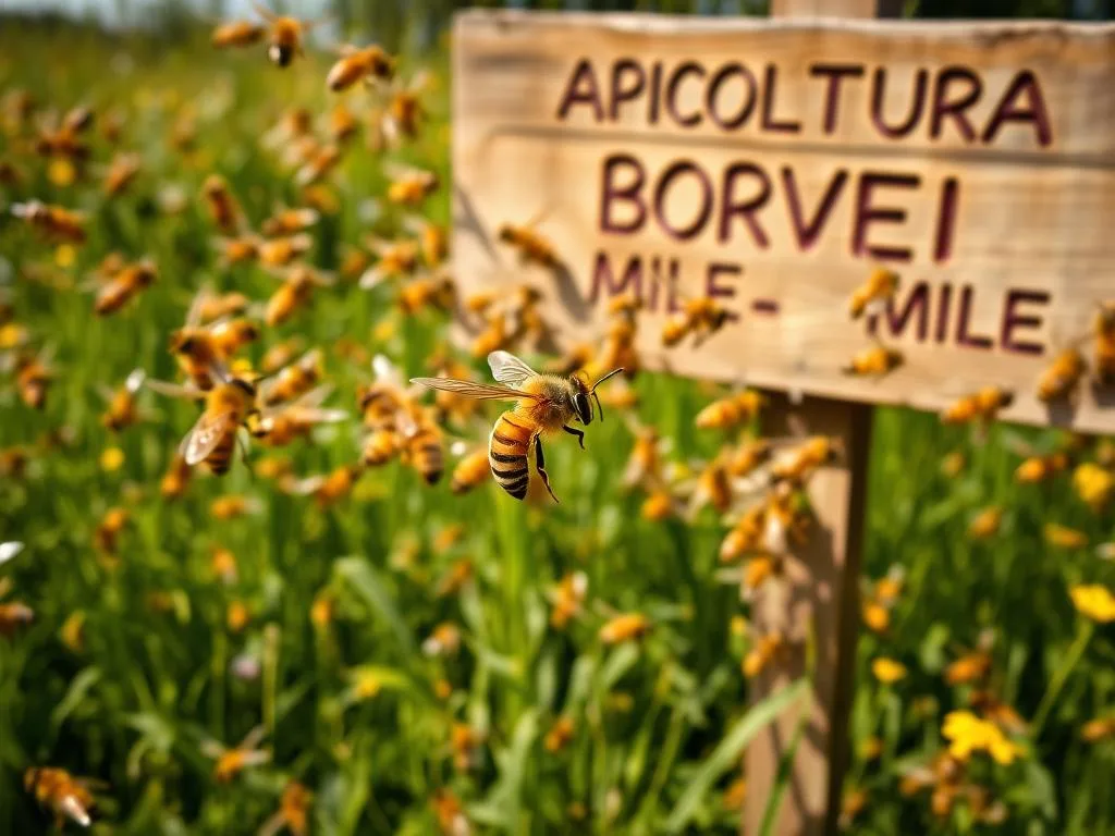 A swarm of honeybees in flight, their yellow and black bodies glistening in the warm sunlight. Their wings flutter with precision as they dance through the air, gracefully navigating through a lush, verdant meadow. In the foreground, a single bee extends its abdomen, its abdomen pulsing with a rhythmic pattern, indicating the direction of a nearby nectar source to its hive mates. The background features a rustic wooden sign, the text "APICOLTURA BORVEI MIELE" etched into its surface, showcasing the local honey producer. The overall scene conveys a sense of harmony and communication, reflecting the intricate choreography of the bees as they relay critical information to one another.