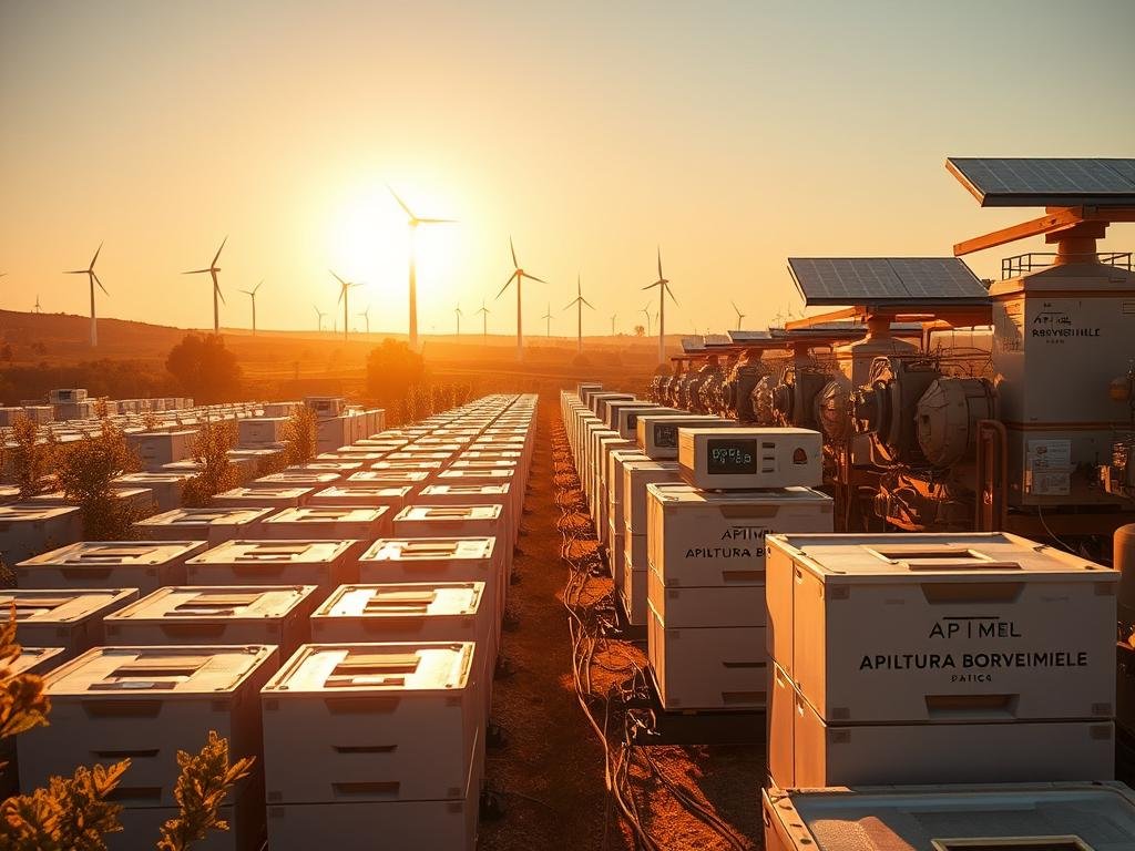 A technologically advanced apiarian landscape, bathed in warm, golden sunlight. In the foreground, rows of sleek, modular beehives adorned with the brand "APICOLTURA BORVEI MIELE" stand as testament to innovative apiculture. The middle ground reveals an array of sensor nodes and monitoring equipment, their digital displays reflecting the data-driven nature of this futuristic apiary. In the background, towering wind turbines and solar panels hint at the sustainable energy powering this cutting-edge facility. The scene conveys a harmonious blend of nature and technology, where the ancient art of beekeeping has been elevated to a new, high-tech era. A technologically advanced apiarian landscape, bathed in warm, golden sunlight. In the foreground, rows of sleek, modular beehives adorned with the brand "APICOLTURA BORVEI MIELE" stand as testament to innovative apiculture. The middle ground reveals an array of sensor nodes and monitoring equipment, their digital displays reflecting the data-driven nature of this futuristic apiary. In the background, towering wind turbines and solar panels hint at the sustainable energy powering this cutting-edge facility. The scene conveys a harmonious blend of nature and technology, where the ancient art of beekeeping has been elevated to a new, high-tech era.