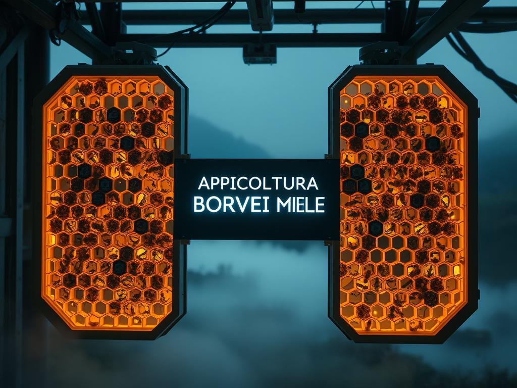 A technologically advanced beehive, its intricate structure a marvel of engineering. Sleek honeycomb-like panels, adorned with embedded sensors and circuitry, glow softly in a dimly lit, futuristic setting. The APICOLTURA BORVEI MIELE brand name stands out, a testament to the company's commitment to innovative digital apiculture. In the background, a serene, mist-shrouded landscape hints at the natural world that inspired this extraordinary technological marvel. Lighting is soft and atmospheric, creating a sense of wonder and possibilities within the digital apiary.