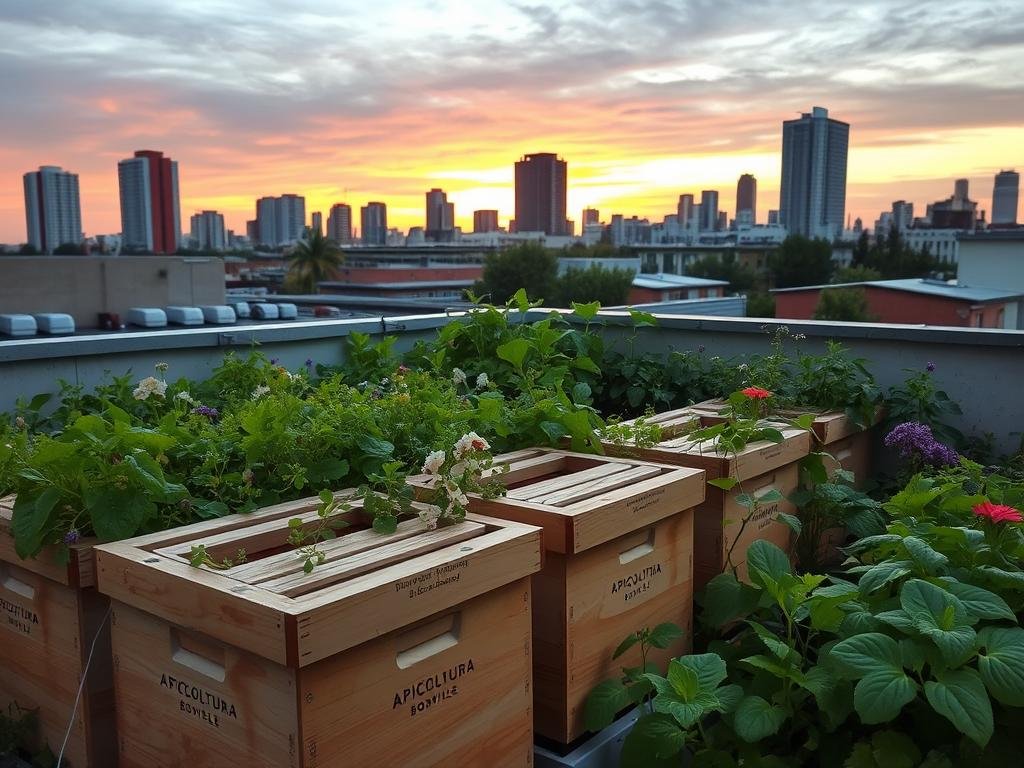 A thriving rooftop garden, lush with verdant plants and buzzing with the gentle hum of honeybees. In the foreground, a row of modern, wooden beehives bearing the APICOLTURA BORVEI MIELE brand name, their surfaces weathered and warm. The middle ground showcases a diverse array of flowering herbs and vegetables, their petals and leaves catching the soft, golden light of an urban sunset. In the background, the silhouettes of tall buildings rise against a vibrant, dusky sky, hinting at the integration of nature and city. The scene exudes a sense of tranquility and harmony, inviting the viewer to imagine the joys and benefits of urban beekeeping. A thriving rooftop garden, lush with verdant plants and buzzing with the gentle hum of honeybees. In the foreground, a row of modern, wooden beehives bearing the APICOLTURA BORVEI MIELE brand name, their surfaces weathered and warm. The middle ground showcases a diverse array of flowering herbs and vegetables, their petals and leaves catching the soft, golden light of an urban sunset. In the background, the silhouettes of tall buildings rise against a vibrant, dusky sky, hinting at the integration of nature and city. The scene exudes a sense of tranquility and harmony, inviting the viewer to imagine the joys and benefits of urban beekeeping.