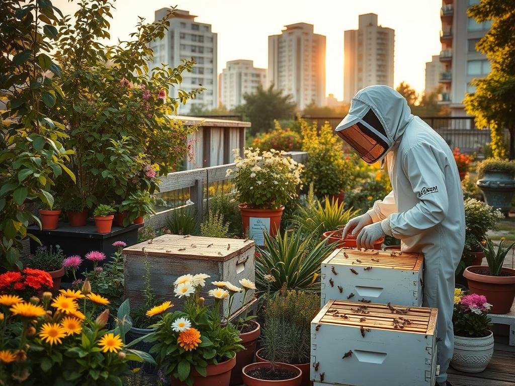 A thriving urban apiary nestled amidst lush greenery, with busy honeybees pollinating colorful flowers. In the foreground, a beekeeper clad in protective gear tends to the hives, their actions capturing the essence of the growing "APICOLTURA BORVEI MIELE" movement. The mid-ground features a diverse array of potted plants and urban gardening elements, creating a harmonious blend of nature and city life. In the background, the silhouettes of modern buildings suggest the integration of apiculture within the urban landscape. Soft, warm lighting and a golden, inviting atmosphere convey the warmth and vitality of this burgeoning urban beekeeping trend.