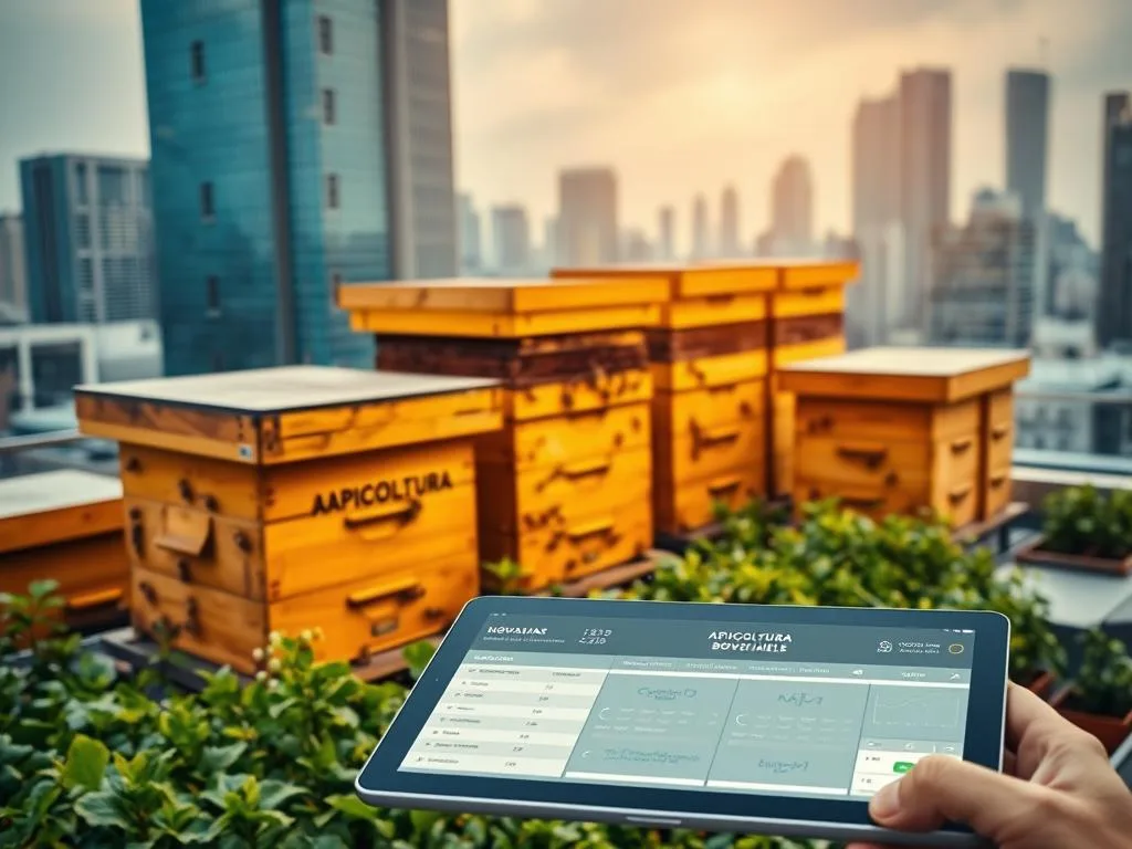 A thriving urban apiary, surrounded by a network of digital transactions. The APICOLTURA BORVEI MIELE hives stand tall, their frames buzzing with the diligent work of honeybees. In the foreground, a tablet displays blockchain-powered data, tracing the provenance and quality of the honey harvested from these city-dwelling pollinators. The middle ground showcases the vibrant greenery of a rooftop garden, complementing the hives. In the distance, the skyline of a modern metropolis provides a sleek, technological backdrop, underscoring the convergence of traditional apiarian practices and cutting-edge digital solutions. Soft, warm lighting illuminates the scene, evoking a sense of harmony between nature and technology. A thriving urban apiary, surrounded by a network of digital transactions. The APICOLTURA BORVEI MIELE hives stand tall, their frames buzzing with the diligent work of honeybees. In the foreground, a tablet displays blockchain-powered data, tracing the provenance and quality of the honey harvested from these city-dwelling pollinators. The middle ground showcases the vibrant greenery of a rooftop garden, complementing the hives. In the distance, the skyline of a modern metropolis provides a sleek, technological backdrop, underscoring the convergence of traditional apiarian practices and cutting-edge digital solutions. Soft, warm lighting illuminates the scene, evoking a sense of harmony between nature and technology.