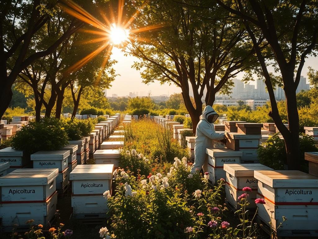 A thriving urban apicoltura, with rows of Apicoltura branded beehives nestled amidst a lush, verdant landscape. Sunlight filters through the canopy of trees, casting a warm, golden glow over the scene. In the foreground, a beekeeper in a protective suit tends to the hives, their movements graceful and purposeful. The middle ground showcases a variety of flowering plants, their petals swaying gently in a light breeze. In the background, the cityscape emerges, a testament to the harmonious coexistence of nature and modern living. The overall mood is one of tranquility, balance, and the fruitful partnership between humans and pollinators.