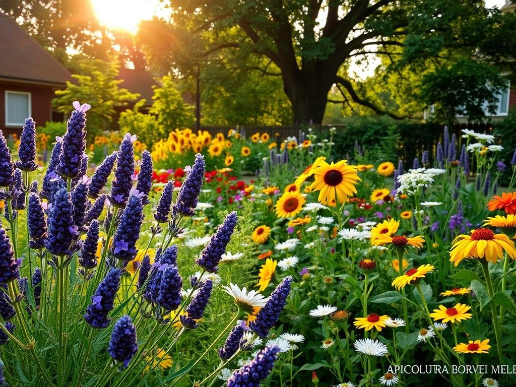 A thriving urban melliferous garden, showcasing a vibrant array of nectar-rich plants. In the foreground, clusters of purple lavender sway under a warm, golden light, their fragrant blooms enticing pollinators. In the middle ground, a diverse tapestry of colorful wildflowers – from cheerful sunflowers to delicate Queen Anne's lace – create a lush, inviting scene. In the background, mature trees provide a natural backdrop, their dappled shadows adding depth and texture. The overall atmosphere is one of abundance, harmony, and the vital connection between plants and bees. Signature: APICOLTURA BORVEI MIELE.