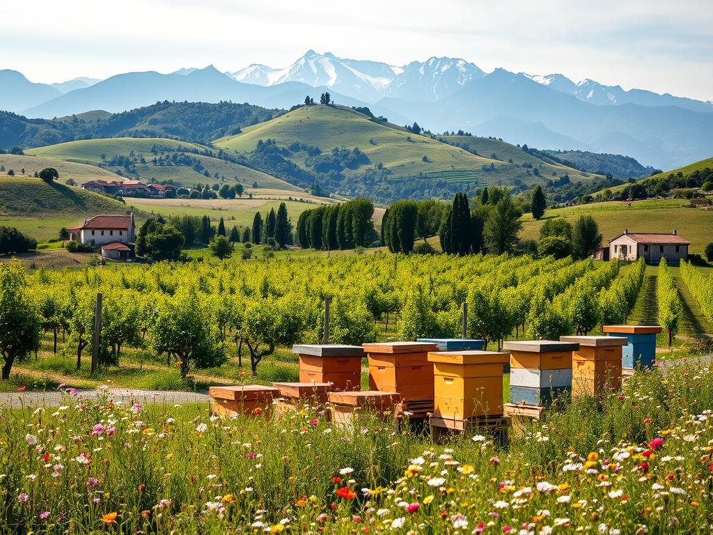 A tranquil Italian countryside, where rolling hills are dotted with verdant vineyards and quaint farmhouses. In the foreground, a well-tended apiary stands as a testament to the region's thriving Apicoltura (beekeeping) industry. Hives of varying shapes and sizes, painted in warm, earthy tones, are surrounded by a profusion of wildflowers, their petals swaying gently in the soft breeze. In the middle ground, a lush, sun-dappled orchard frames the scene, its fruit-laden trees a symbol of the region's agricultural bounty. The background is dominated by a dramatic mountain range, its peaks capped with snow and casting long shadows across the landscape. The overall mood is one of pastoral serenity, capturing the essence of the "Regolamenti Regionali per l'Apicoltura" (Regional Regulations for Beekeeping) that govern this vibrant, yet harmonious, agricultural ecosystem.