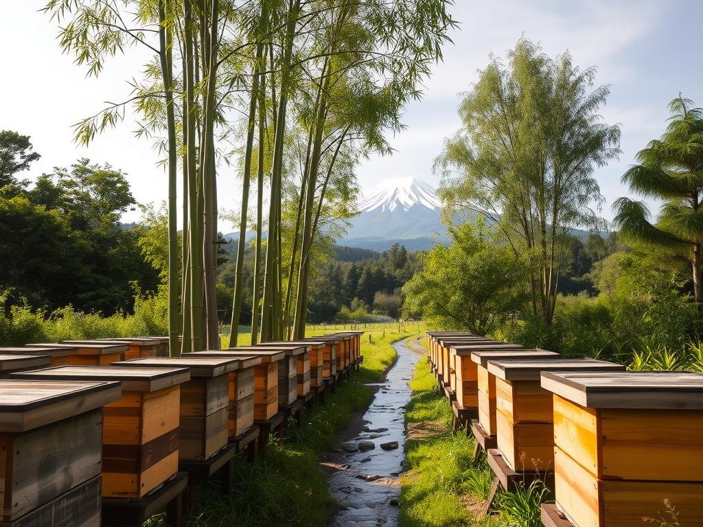 A tranquil Japanese apiary nestled in a lush, verdant landscape. In the foreground, rows of traditional wooden beehives stand in harmonious arrangement, their weathered surfaces blending seamlessly with the natural surroundings. Towering bamboo groves sway gently in the breeze, casting dappled shadows across the scene. A small, winding stream meanders through the middle ground, its crystal-clear waters reflecting the serene sky above. In the distance, the iconic silhouette of Mount Fuji rises majestically, its snow-capped peak a testament to the timeless beauty of this land. The scene exudes a sense of balance and reverence for the natural world, embodying the Japanese concept of "apicoltura giapponese" - the art of beekeeping in harmony with nature. APICOLTURA BORVEI MIELE