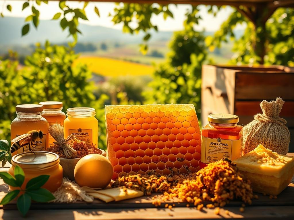 A tranquil apiary scene bathed in warm natural light, showcasing the bountiful "Apicoltura" beehive products. In the foreground, a carefully arranged display of golden honey, beeswax, propolis, and pollen - each item a testament to the care and expertise of the beekeeper. The middle ground reveals the intricate hexagonal honeycomb structure, a marvel of nature's engineering. In the background, lush green foliage and a picturesque Italian countryside landscape create a serene, rustic atmosphere. The overall composition evokes a sense of tradition, quality, and the harmony between man and nature that defines the art of apiculture in the 21st century.