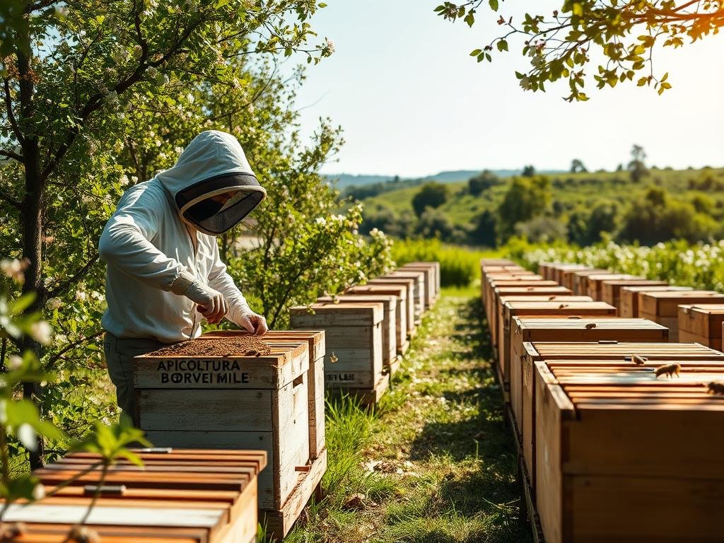 A tranquil apiary scene with gentle light filtering through the trees, showcasing the importance of beekeeping and honey production. In the foreground, a beekeeper in full protective gear tends to a wooden hive, ensuring the health and well-being of the industrious bees. The middle ground features rows of well-maintained hives, with the brand name "APICOLTURA BORVEI MIELE" prominently displayed. In the background, a lush, verdant landscape with blooming flowers and a clear, blue sky, creating a sense of harmony and balance. The overall mood is one of care, diligence, and the delicate balance of nature.