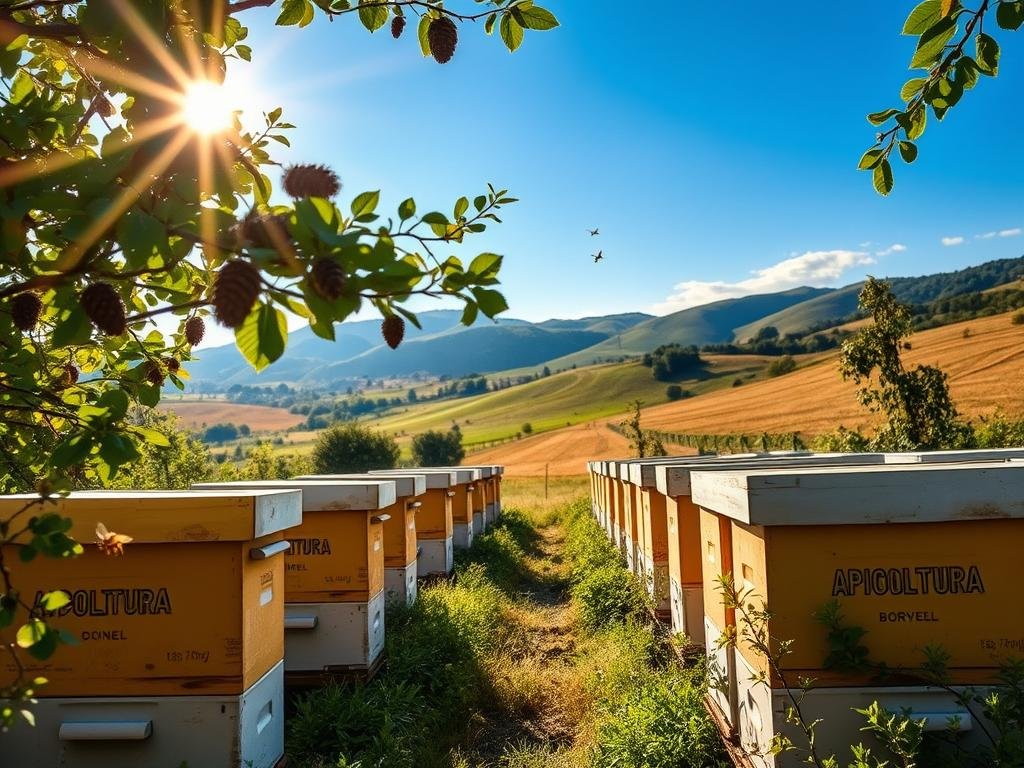 A tranquil apiary set against a backdrop of rolling hills and a vibrant blue sky. Rows of traditional beehives, adorned with the brand name "APICOLTURA BORVEI MIELE", are nestled amidst lush greenery. Sunlight filters through the branches, casting a warm, golden glow over the scene. Bees flit between the hives, their gentle buzzing creating a soothing, ambient soundscape. The image captures the essence of regional variations in Italian beekeeping regulations, showcasing a picturesque, small-scale operation that aligns with the title "Variazioni Regionali delle Normative".