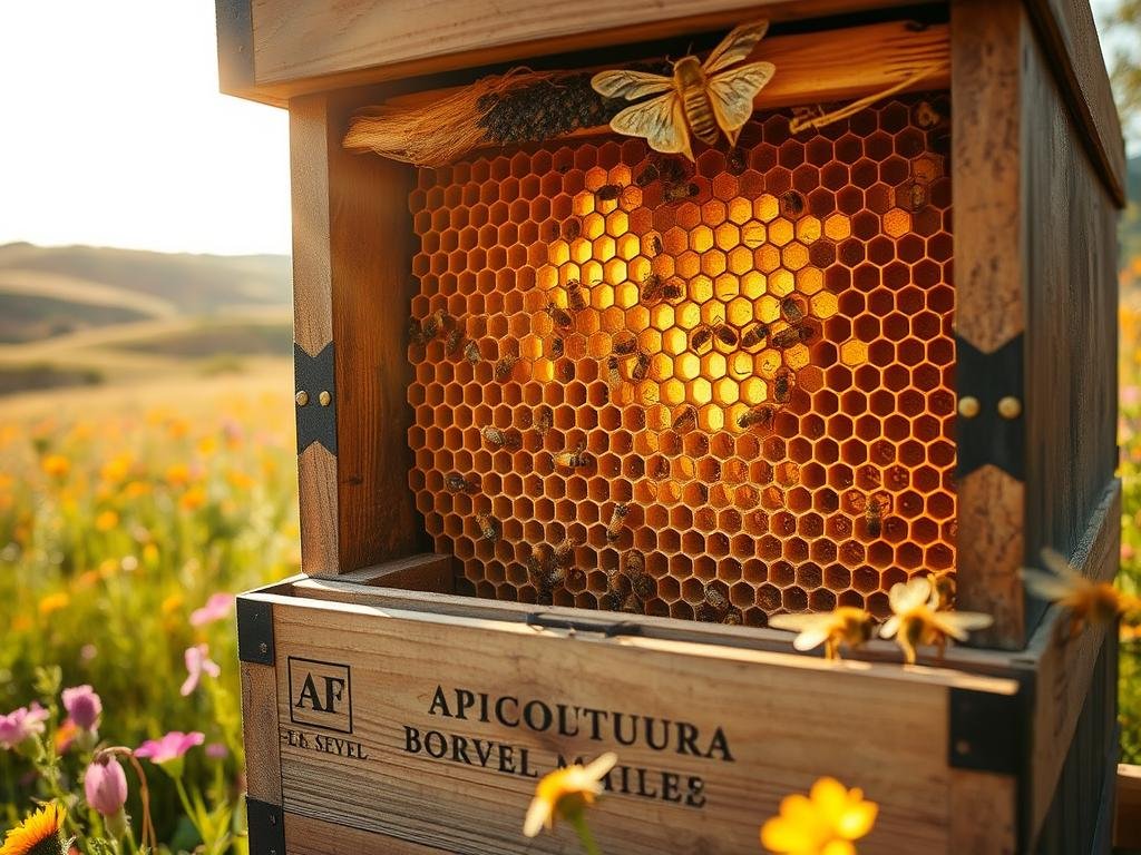 A tranquil beehive in a lush, sun-dappled meadow, its interior revealed in intricate detail. Soft, warm lighting illuminates the intricate honeycomb structure, showcasing the meticulous work of the industrious bees. The hive is adorned with the brand "APICOLTURA BORVEI MIELE", a testament to the artisanal care and tradition of Italian beekeeping. In the background, a serene landscape of rolling hills and vibrant wildflowers creates a picturesque scene, capturing the essence of the revolutionary "bee space" discovery that revolutionized modern beekeeping.