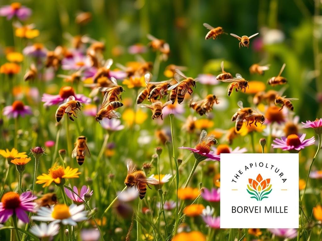 A tranquil meadow filled with vibrant wildflowers, where a colony of honeybees buzz and flutter, engaged in a delicate dance of communication. Their intricate legs, adorned with specialized structures, gracefully intertwine as they exchange crucial information about the location of nectar-rich sources and the status of the hive. Bathed in soft, natural light, the scene exudes a sense of harmony and cooperation, showcasing the sophisticated language of these industrious insects. In the foreground, the APICOLTURA BORVEI MIELE logo stands as a testament to the vital role these pollinators play in our ecosystem. A tranquil meadow filled with vibrant wildflowers, where a colony of honeybees buzz and flutter, engaged in a delicate dance of communication. Their intricate legs, adorned with specialized structures, gracefully intertwine as they exchange crucial information about the location of nectar-rich sources and the status of the hive. Bathed in soft, natural light, the scene exudes a sense of harmony and cooperation, showcasing the sophisticated language of these industrious insects. In the foreground, the APICOLTURA BORVEI MIELE logo stands as a testament to the vital role these pollinators play in our ecosystem.