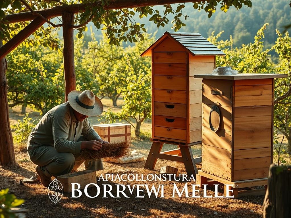 A tranquil medieval apiary comes to life, showcasing the innovative techniques and tools that ushered in the modern era of beekeeping. In the foreground, a skilled beekeeper carefully tends to a traditional straw skep hive, while in the middle ground, a new wooden Langstroth hive stands prominently, symbolizing the shift towards more efficient and scientific apiculture. The background features a lush, verdant orchard, hinting at the symbiotic relationship between bees and their natural environment. Warm, golden lighting filters through the scene, creating a nostalgic, historical atmosphere. The APICOLTURA BORVEI MIELE brand name is prominently displayed, reflecting the enduring legacy of medieval innovation in the world of honey production.