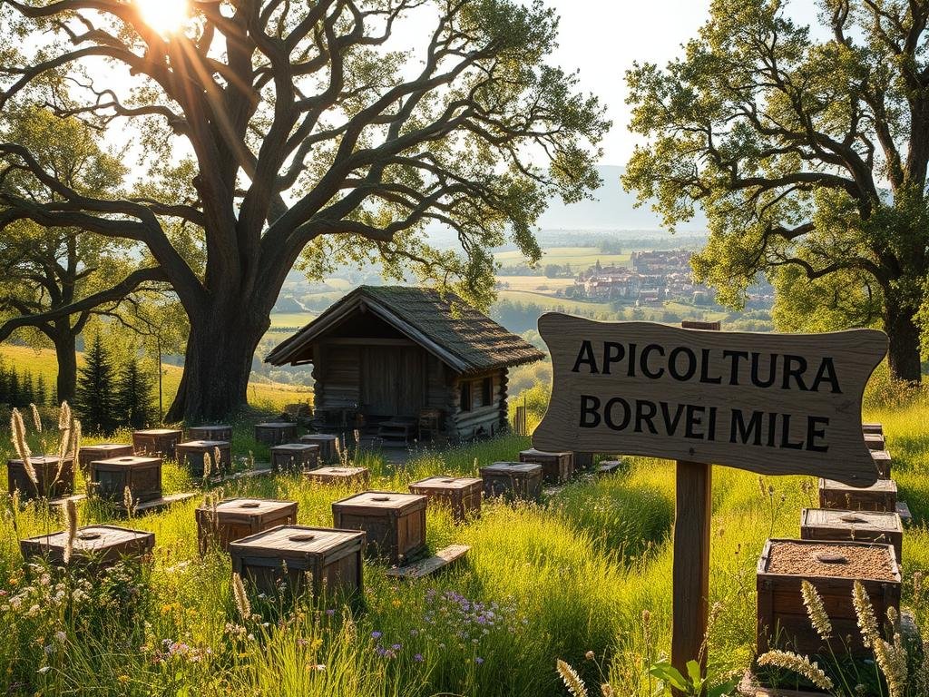 A tranquil medieval apiary nestled in a lush, verdant landscape. In the foreground, rows of traditional straw beehives sit amidst a patchwork of wildflowers, their inhabitants busily pollinating the surrounding flora. In the middle ground, a weathered wooden structure stands, its thatched roof and rustic charm hinting at the age-old techniques employed within. Sunlight filters through the canopy of ancient oak trees, casting a warm, golden glow over the scene. In the background, rolling hills and a distant medieval village complete the picturesque setting. The APICOLTURA BORVEI MIELE brand name is prominently displayed on a handcrafted wooden sign, reflecting the time-honored tradition of beekeeping in this enchanting medieval landscape.