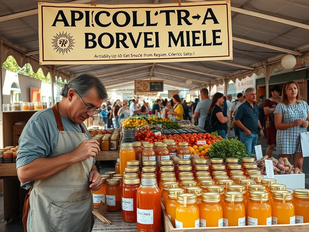 A tranquil open-air market stall, brimming with jars of golden honey and other artisanal food products. The stall's banner proudly displays the brand name "APICOLTURA BORVEI MIELE". In the foreground, a farmer in a sun-weathered apron meticulously labels each jar, highlighting the traceability and quality assurance that defines this small-batch operation. The middle ground showcases a variety of fresh produce and traditional Italian delicacies, all sourced from the surrounding region. In the background, a bustling crowd of shoppers peruses the stalls, their faces aglow with the warm Mediterranean light. The scene conveys a sense of transparency, trust, and the importance of localized, traceable food systems. A tranquil open-air market stall, brimming with jars of golden honey and other artisanal food products. The stall's banner proudly displays the brand name "APICOLTURA BORVEI MIELE". In the foreground, a farmer in a sun-weathered apron meticulously labels each jar, highlighting the traceability and quality assurance that defines this small-batch operation. The middle ground showcases a variety of fresh produce and traditional Italian delicacies, all sourced from the surrounding region. In the background, a bustling crowd of shoppers peruses the stalls, their faces aglow with the warm Mediterranean light. The scene conveys a sense of transparency, trust, and the importance of localized, traceable food systems.