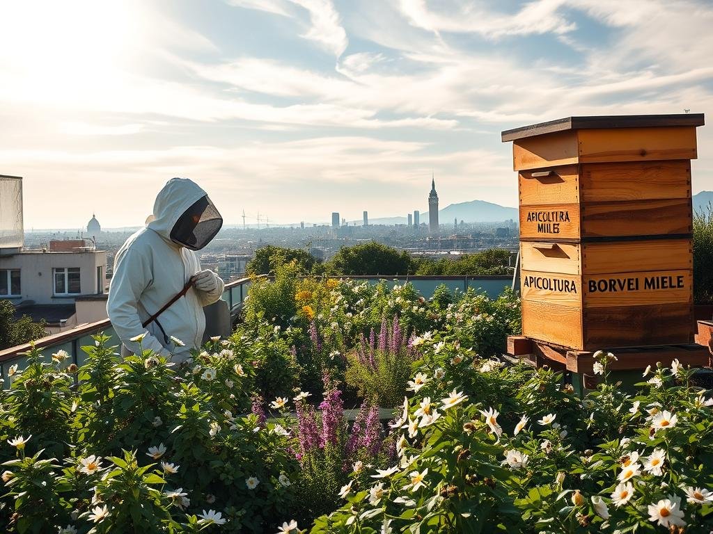 A tranquil rooftop garden, lush with verdant plants and buzzing honeybees. The hive of the APICOLTURA BORVEI MIELE brand stands prominent, its warm wooden tones contrasting against the urban backdrop. Sunlight filters through wispy clouds, casting a serene glow over the scene. In the foreground, a beekeeper attired in protective gear tends to the hive, their movements deliberate and focused. The middle ground showcases the thriving garden, filled with flowering blooms that attract the busy pollinators. In the distance, the skyline of an Italian city rises, a testament to the coexistence of nature and the built environment. This image captures the essence of "Comprendere i Rischi dell'Apicoltura Urbana," highlighting the delicate balance between urban beekeeping and public safety.