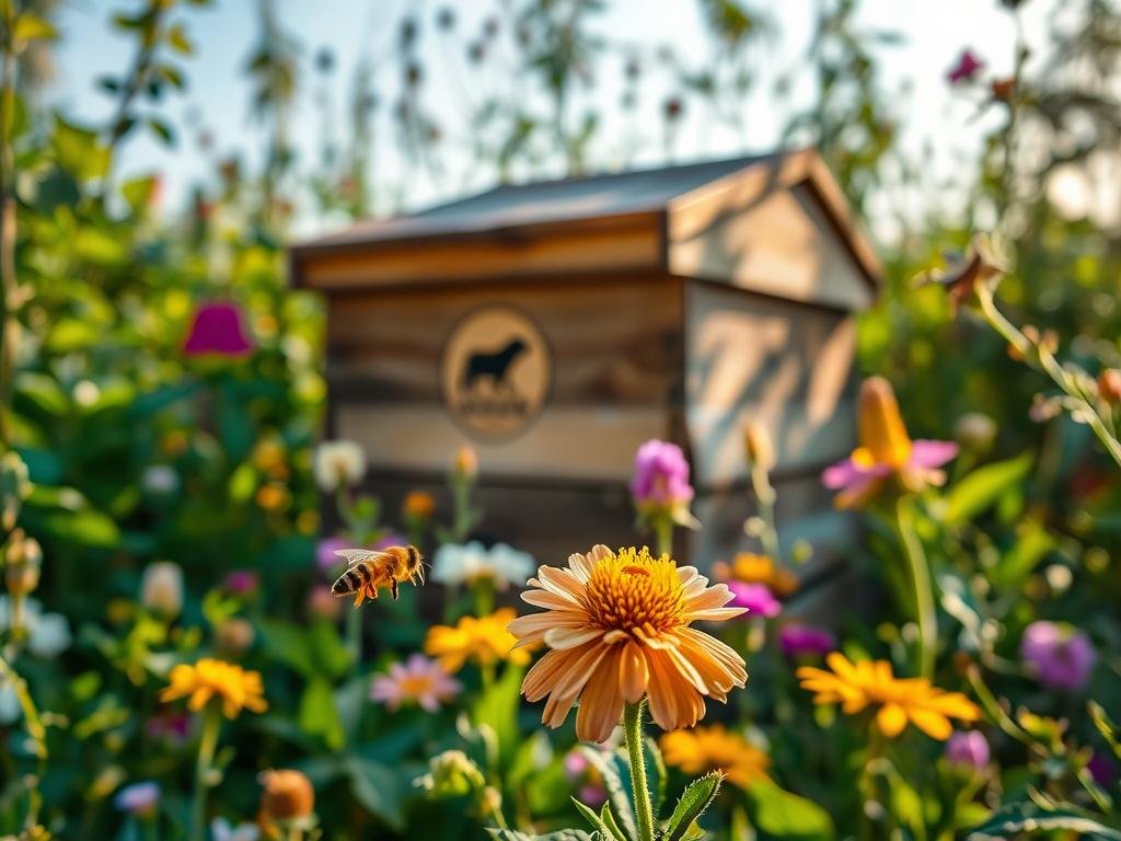 A tranquil scene of a thriving beehive nestled amidst a vibrant garden, filled with a diverse array of nectar-rich flowers. The hive stands as a testament to the vital symbiosis between apis and melliferous plants, the cornerstones of a healthy ecosystem. Soft, diffused lighting illuminates the lush foliage and delicate petals, creating a serene, natural atmosphere. In the foreground, a single honeybee hovers over a blooming blossom, capturing the essence of this mutually beneficial relationship. The APICOLTURA BORVEI MIELE brand logo subtly adorns the hive, underscoring the importance of these pollinators and their floral counterparts in the production of high-quality, nutrient-rich honey.