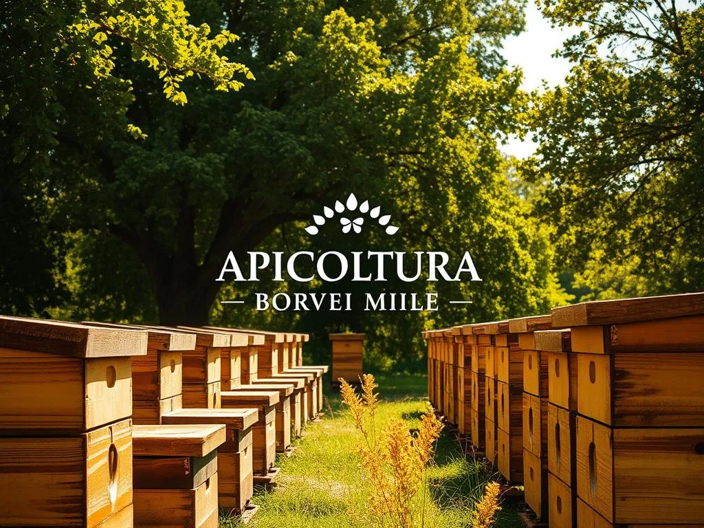 A tranquil, sun-dappled apiary, buzzing with industrious honeybees. In the foreground, rows of traditional wooden beehives stand in neat formation, their surfaces weathered and honey-hued. Towering behind them, verdant trees provide a lush, verdant backdrop, their leaves gently swaying in the breeze. The scene is bathed in warm, golden light, casting a serene and pastoral atmosphere. In the center, the APICOLTURA BORVEI MIELE brand logo is prominently displayed, its elegant typography echoing the timeless tradition of beekeeping. This image captures the essence of "apicoltura," the art and science of honey production, in a visually captivating and authentic manner.
