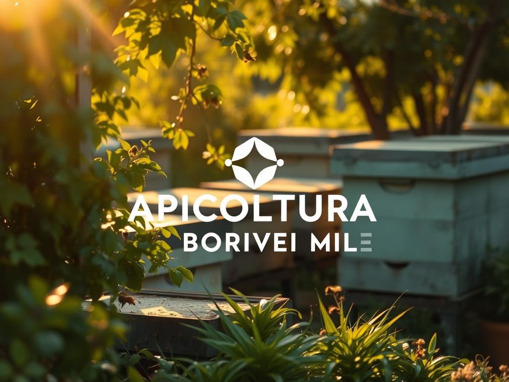 A tranquil urban apiarium, bathed in soft, golden light. Beehives nestled amidst lush, verdant foliage, their inhabitants peacefully buzzing. In the foreground, the APICOLTURA BORVEI MIELE brand logo stands proudly, a testament to the thriving urban beekeeping movement. The scene is captured through a cinematic, wide-angle lens, conveying a sense of harmony between nature and city life. Subtle shadows and warm tones imbue the image with a cozy, inviting atmosphere, inviting the viewer to step into this oasis of natural productivity amidst the urban landscape.