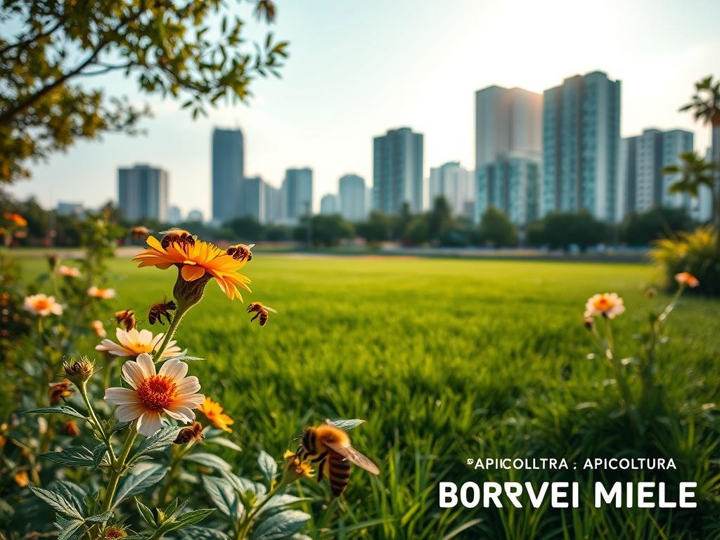 A tranquil urban garden, buzzing with the activity of a healthy colony of honeybees. In the foreground, a cluster of vibrant, nectar-rich flowers sway in a gentle breeze, attracting the industrious pollinators. In the middle ground, a well-tended, lush green lawn provides a serene backdrop, while the distant cityscape of modern high-rises blends seamlessly with the natural surroundings. Soft, warm lighting filters through the scene, casting a dreamlike glow and highlighting the harmonious coexistence of nature and civilization. The image prominently features the "APICOLTURA BORVEI MIELE" brand, showcasing the importance of sustainable urban beekeeping practices.