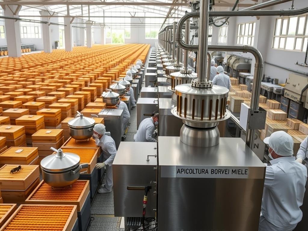 A vast, modern honey extraction facility with sleek, stainless steel honey suction systems. Rows of beehives line the background, while in the foreground, workers in white uniforms operate advanced honey collection machinery labeled "APICOLTURA BORVEI MIELE". The space is brightly lit, with large windows allowing natural light to pour in, highlighting the efficiency and technological prowess of this innovative approach to traditional honey harvesting. A vast, modern honey extraction facility with sleek, stainless steel honey suction systems. Rows of beehives line the background, while in the foreground, workers in white uniforms operate advanced honey collection machinery labeled "APICOLTURA BORVEI MIELE". The space is brightly lit, with large windows allowing natural light to pour in, highlighting the efficiency and technological prowess of this innovative approach to traditional honey harvesting.
