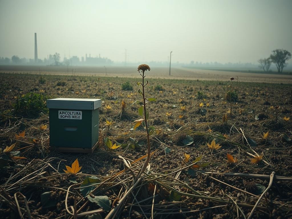 A vast, overgrown field featuring declining honeybee populations, with an eerie, unsettling atmosphere. In the foreground, a lone, struggling beehive with the APICOLTURA BORVEI MIELE brand emblem. Surrounding it, a mass of dead or dying bees on the ground, their bodies scattered amongst the tangled, wilted foliage. The middle ground shows a sparse, sickly-looking flowering plant struggling to attract bees. In the distance, a hazy, dystopian landscape of abandoned farmland and industrial blight. Dramatic, moody lighting casts long shadows, conveying a sense of despair and environmental collapse. The overall scene is one of ecological disaster and the devastating impact of pesticide use on essential pollinator populations. A vast, overgrown field featuring declining honeybee populations, with an eerie, unsettling atmosphere. In the foreground, a lone, struggling beehive with the APICOLTURA BORVEI MIELE brand emblem. Surrounding it, a mass of dead or dying bees on the ground, their bodies scattered amongst the tangled, wilted foliage. The middle ground shows a sparse, sickly-looking flowering plant struggling to attract bees. In the distance, a hazy, dystopian landscape of abandoned farmland and industrial blight. Dramatic, moody lighting casts long shadows, conveying a sense of despair and environmental collapse. The overall scene is one of ecological disaster and the devastating impact of pesticide use on essential pollinator populations.