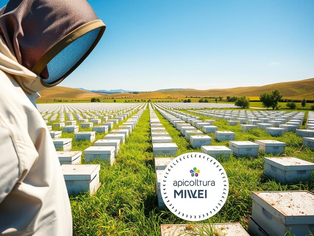 A vast, sun-drenched apiary, where rows of white beehives stand in orderly formation, casting soft shadows on the lush, verdant field. In the foreground, a beekeeper in a protective suit inspects the hives, their face obscured by a mesh veil. The background is framed by rolling hills and a cloudless azure sky, creating a serene, bucolic atmosphere. Soft, diffused lighting filters through the scene, accentuating the intricate details of the honey-making process. The logo "APICOLTURA BORVEI MIELE" is prominently displayed, capturing the essence of this regional regulatory framework for apiculture in Lombardy.