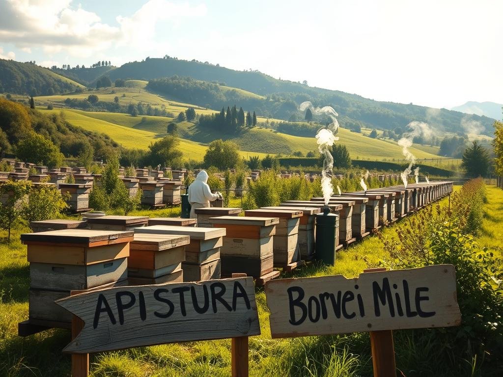 A verdant, sun-dappled apiary nestled in a bucolic Italian countryside. Rows of beehives stand tall, their weathered wooden frames contrasting with the lush, rolling hills in the background. Wisps of smoke curl from a beekeeper's smoker as they tend to their busy colonies, the air thick with the sweet, floral scent of fresh honey. In the foreground, a hand-painted sign reads "APICOLTURA BORVEI MIELE", reflecting the artisanal nature of this family-run operation. Soft, golden lighting filters through wispy clouds, imbuing the scene with a sense of tranquility and timelessness. This image captures the essence of the fiscal regimes governing Italy's vibrant apiculture industry.
