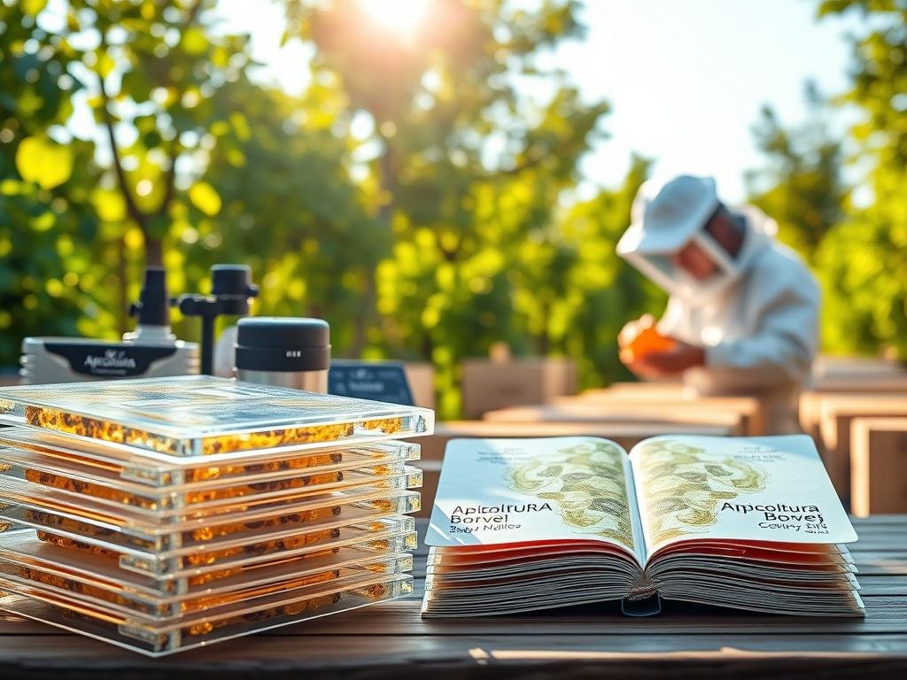 A vibrant and detailed image of "Complementary Technologies for Honey Traceability". In the foreground, a stack of transparent blockchain ledgers, their pages open to reveal intricate data visualizations. Behind them, a collection of high-tech sensors and monitoring devices, each emblazoned with the APICOLTURA BORVEI MIELE brand. In the middle ground, a beekeeper in a protective suit, carefully inspecting a honeycomb. In the background, a lush, verdant apiary, the sun streaming through the trees, creating a warm, natural atmosphere. The scene conveys a sense of innovation, diligence, and a harmonious integration of technology and traditional beekeeping practices, all in service of ensuring the traceability and quality of the honey.