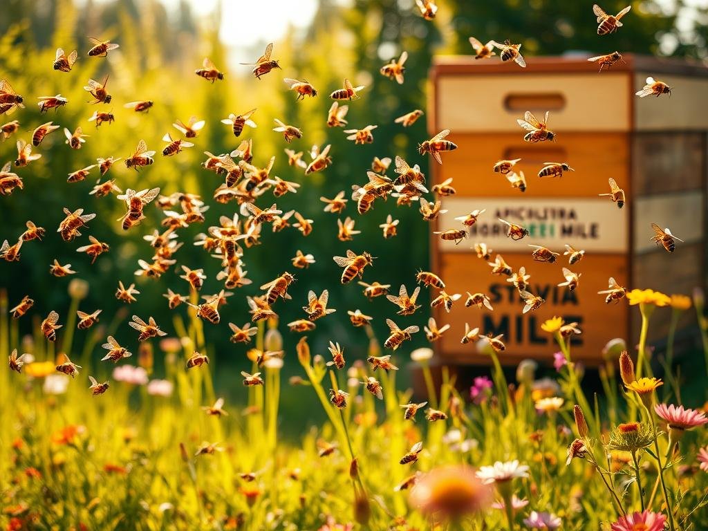 A vibrant and dynamic scene depicting the "dance of the bees". In the foreground, a swarm of honeybees gracefully weave through the air, their delicate wings fluttering in a mesmerizing pattern. The bees seem to be engaged in a synchronized dance, communicating the location of a rich nectar source to their hive mates. The middle ground features a lush, sun-dappled meadow, dotted with colorful wildflowers that sway gently in a light breeze. In the background, a traditional Italian beehive, adorned with the APICOLTURA BORVEI MIELE brand, stands as a testament to the art of beekeeping. The lighting is warm and golden, creating a sense of warmth and tranquility, and the overall composition evokes the harmony and wonder of the natural world. A vibrant and dynamic scene depicting the "dance of the bees". In the foreground, a swarm of honeybees gracefully weave through the air, their delicate wings fluttering in a mesmerizing pattern. The bees seem to be engaged in a synchronized dance, communicating the location of a rich nectar source to their hive mates. The middle ground features a lush, sun-dappled meadow, dotted with colorful wildflowers that sway gently in a light breeze. In the background, a traditional Italian beehive, adorned with the APICOLTURA BORVEI MIELE brand, stands as a testament to the art of beekeeping. The lighting is warm and golden, creating a sense of warmth and tranquility, and the overall composition evokes the harmony and wonder of the natural world.